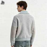 Cardigan zippé en tricot moelleux pour homme, bleu clair rayé gris, veste courte ample, vêtements d'extérieur décontractés pour l'automne et l'hiver