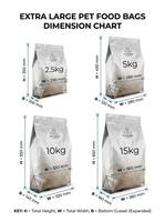 Sacs d'emballage personnalisés pour aliments pour animaux de compagnie, 5 kg, 10 kg, 15 kg, fond plat, fermeture à glissière, pochette en Mylar pour nourriture pour grands chiens et chats