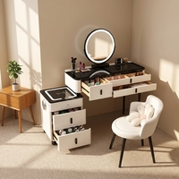 Coiffeuse moderne pliable en chêne massif avec miroir éclairé, surface en verre, station de charge sans fil et tabouret en acier inoxydable