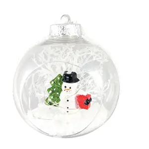 Custom 10cm ornaments Christmas decoration supplier clear hollow ball with a hole and LED lights snowman