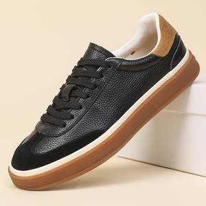 Baskets décontractées en cuir véritable pour hommes, baskets noires à lacets, tige respirante en cuir de vachette, semelle en caoutchouc pour la marche quotidienne - Product Image 1