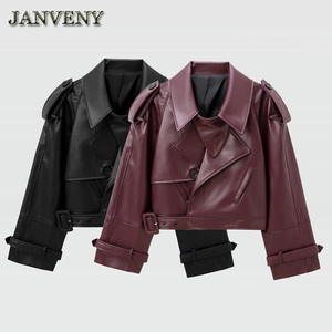 JANVENY 2025 nuova <span class=keywords><strong>giacca</strong></span> autunno tinta unita colletto con risvolto corto in finta pelle da <span class=keywords><strong>donna</strong></span> a maniche lunghe con tasche larghe in pelle sintetica - Product Image 4