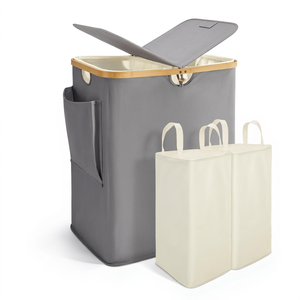 Panier à linge à 2 sections avec couvercle, 140 L, panier à linge sale, double panier à linge avec poignées en bambou pour buanderie, salle de bain - Product Image 1