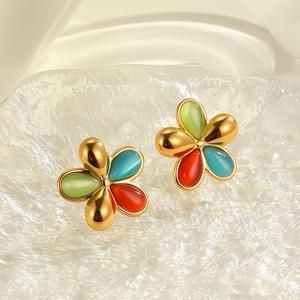 ต่างหูแฟชั่น QX NIMAI รุ่น NMSE-J751-1 สำหรับผู้หญิง ชุบทอง 18K ทำจากสแตนเลส ประดับด้วยหินตาแมวหลากสีสัน รูปทรงดอกไม้ เหมาะสำหรับเป็นของขวัญ - Product Image 3