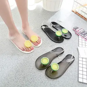 Sandal flip-toe jeli kristal stroberi lemon mode musim panas sandal plastik datar buah transparan ekspor