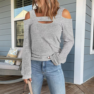 Novedades de Primavera y Otoño, Blusa Informal de Moda para Mujer, con <span class=keywords><strong>Hombros</strong></span> Descubiertos, Holgada, de <span class=keywords><strong>Manga</strong></span> <span class=keywords><strong>Larga</strong></span>, <span class=keywords><strong>Camiseta</strong></span> para Mujer - Product Image 6