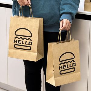 Sacs en papier kraft pour hamburgers, imprimés sur mesure, écologiques, recyclables, jetables, avec poignée en corde de coton, pour la vente à emporter des restaurants - Product Image 5
