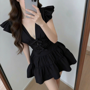Short Woven V-neck <b>Ruffle</b> <b>Skirt</b> Vietnam <b>Mini</b> Party Dress Flutter Sleeve Bow Detail High Waist Slim Fit Flared <b>Skirt</b> Polyester - Product Image 5