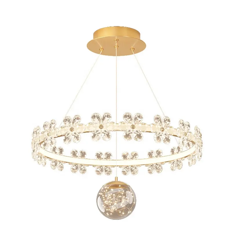 French Creative Hanging Lamp Bedroom Living Room Dining Room Pendant Light Luxury Flower Ring Crystal Chandelier