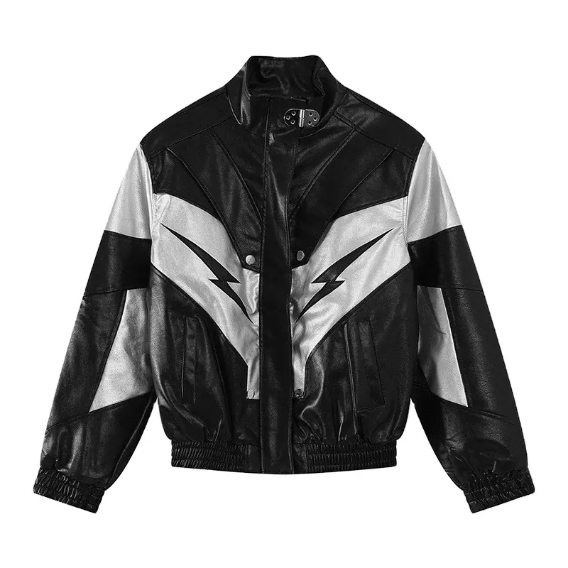 Custom Boxy Fit Windbreaker Abrigo de invierno de los hombres de carreras de la chaqueta de la motocicleta Panel de contraste de relámpago recortado chaquetas de cuero para hombres