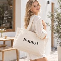 Sac fourre-tout en toile de coton recyclé imprimé sur mesure Miles avec fermeture éclair, poignées en sangle, motif lettres, taille moyenne, vierge, vente en gros