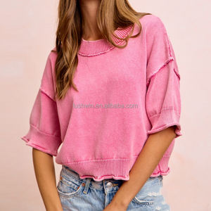 <span class=keywords><strong>Pull</strong></span> en maille côtelée <span class=keywords><strong>rose</strong></span> vif à bord brut et manches courtes pour <span class=keywords><strong>femme</strong></span> – Vente en gros - Product Image 2