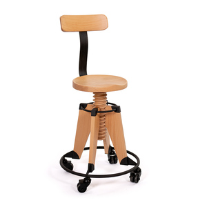 Chaise de travail moderne Ron Burgu pour chambre à coucher, avec roulettes, siège en bois réglable en hauteur, pieds en métal, options de couleurs rouge, jaune, vert, noir, naturel - Product Image 1