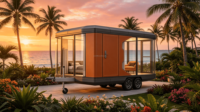 Maison mobile portable de luxe en verre pour glamping, mini-maison préfabriquée, cabane de villégiature de plage, maison d'hôtes insulaire en acier