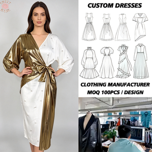 Robe mi-longue enroulée pour femme, couleur or métallisé et blanc, avec nœud perlé et ceinture, idéale pour les soirées - Product Image 1