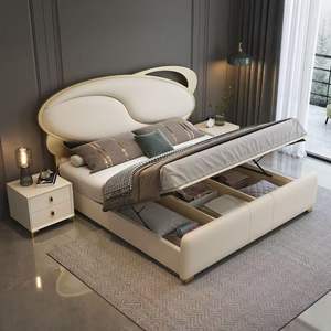 Cama de almacenamiento de elevación de madera con <span class=keywords><strong>Base</strong></span> de acero dorado de lujo italiano, cama de cuero suave Master Home, habitación de Hotel, camas de lujo con luz - Product Image 1
