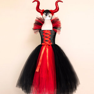 Disfraz de Maléfica para Niñas, Disfraz de Bruja, Disfraz de Reina Malvada, Disfraz de Halloween, Carnaval, Cosplay, Vestido de Tul con Volantes y Cuernos - Product Image 4
