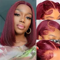 Cabello Humano Liso Brasileño Virgen Rojo 99J para Peluca, Encaje HD 13x4 Pre-Desplumado, Bob Corto para Mujeres Negras