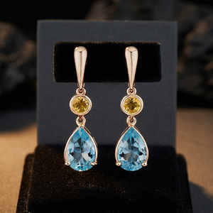 Boucles d'oreilles pendantes en argent sterling 925 pour femme, topaze bleue et pierres précieuses citron, plaqué or 18 carats, style bohème, cadeau chrétien - Product Image 3