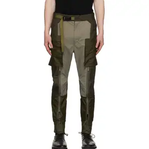 棕色和灰色镶板战术尼龙货物裤男士锥形中腰可调织带腰带拉链袖口运动裤