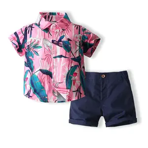 Conjunto de camisa de hoja de plátano tropical para niños Estilo de moda traje de verano de dos piezas de manga corta rosa para niños Nueva ropa para niños