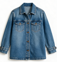 Jaket Denim Wanita Biru Tua Vintage Oversized Lengan Panjang Ramah Lingkungan Tahan Angin Kancing Tiga Baris Katun Solid