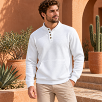 Sweat-shirt Henley pour homme en tissu gaufré, col montant, manches longues, poche kangourou, logo personnalisé, OEM, ODM, marque privée, vente en gros