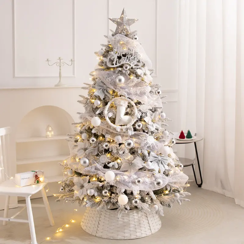 Wholesale PE +PVC mix flock artificial tree Christmas tree with warm white LED lights with controller christmas decorations