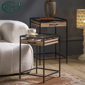 Wabi Sabi Style Side <b>Table</b> Tempered Glass <b>Top</b> Metal Frame Storage <b>Drawer</b> Living Room Coffee <b>Table</b> - Product Image 1