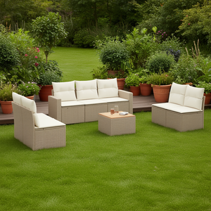 Ensemble de canapés de jardin en rotin beige avec coussins en mousse haute densité, mobilier d'extérieur au design contemporain, résistant à l'eau et aux UV - Product Image 2