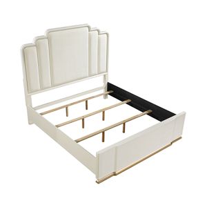 Cream <b>White</b> Solid Wood <b>Double</b> <b>Bed</b> Layered Fabric High Headboard Gold Plated Metal Base Platform <b>Bed</b> For Adults And Elderly - Product Image 3