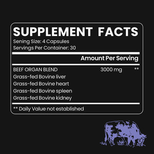 อาหารเสริมออร์แกนิกจากเนื้อวัวแบบ OEM สารประกอบจากอวัยวะสัตว์ที่เลี้ยงด้วยหญ้า พร้อมด้วยตับ หัวใจ <span class=keywords><strong>ไต</strong></span> ตับอ่อน และม้ามแบบอบแห้ง 3000 มก. ในรู<span class=keywords><strong>ป</strong></span>แบบแคปซูล - Product Image 6
