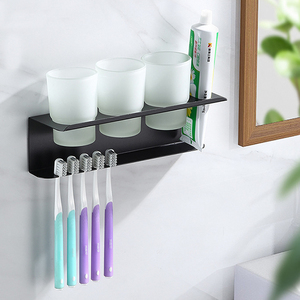 Design moderno all'ingrosso denti montati a parete porta spazzolino spazio <span class=keywords><strong>in</strong></span> alluminio tre bicchieri di vetro porta spazzolino da bagno - Product Image 3