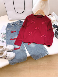 2025 mùa xuân mùa thu mới của phụ nữ trẻ em hai mảnh thiết lập màu đỏ dài tay áo T-shirt Bow có thể tháo rời + thêu mùa đông in kết hợp - Product Image 6