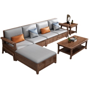 Set di Divani <span class=keywords><strong>in</strong></span> Pelle con Struttura <span class=keywords><strong>in</strong></span> <span class=keywords><strong>Legno</strong></span> di Teak Massiccio Intagliato, 7 Posti, Fatto a Mano, Design per Arredamento Soggiorno - Product Image 5