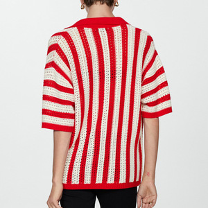 Haut tricoté pour femmes, rayures rouges et blanches, coupe ample, chemise à revers, vêtements décontractés printemps-été - Product Image 4