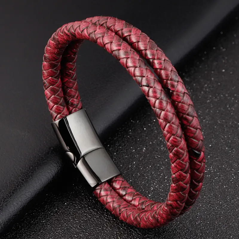 Bracelet simple en cuir véritable noir/marron tressé multicouche pour homme à fermoir magnétique en acier inoxydable