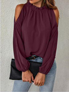 Luxuriöse Damenbluse mit Cold-Shoulder-Design, Rüschenkragen, Langen Ärmeln und Lockerem Chiffon-Oberteil, Business-Casual-Outfit - Product Image 3
