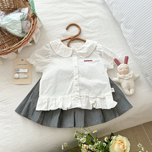 Girls School Style Summer Short Sleeve Shirt And Skirt Set Breathable Thin Fabric For Kids - Product Image 2