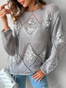Custom Fashion Shiny Sequins Hollow Women's Sweater Autumn and Winter Elegant Long Sleeve Pullover Street Style Womenswear