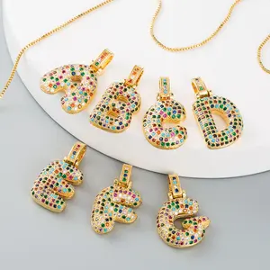 Fashion Hip Hop Gold Plated 26 English Alphabet Pendant Colorful Cubic Zirconia Jewelry Initial Letter CZ Necklace