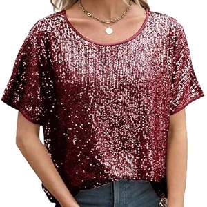 Women <b>Sequined</b> Loose Fit Asymmetric <b>Top</b> Short Sleeve Party Casual Blouse Sheer Layer - Product Image 5