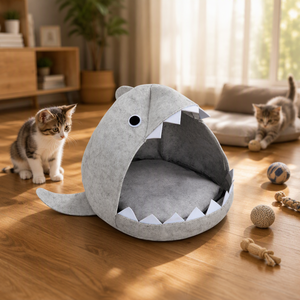Casa para Gatos <span class=keywords><strong>de</strong></span> <span class=keywords><strong>Fieltro</strong></span> Gris con Forma <span class=keywords><strong>de</strong></span> Tiburón, Nido Semi-Cerrado para Dormir con Entrada Ancha y Almohadilla Suave para Decoración Interior del Hogar - Product Image 3
