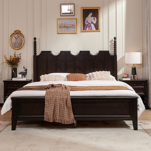 Cama de Madera Maciza Eri de 1.8m, Estilo Rústico Francés, con Plataforma Tallada a Mano en Caoba, Muebles para Dormitorio - Product Image 1