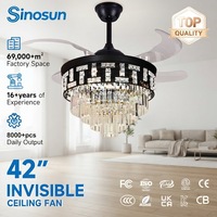 Ventilateur de plafond LED en cristal moderne de luxe pour chambre à coucher, personnalisable OEM/ODM, 42 pouces, 3 pales, télécommande, intensité variable, faible bruit
