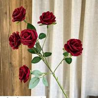 Bouquet de fleurs artificielles en velours fait main, 6 têtes, rose rouge, pour mariage et décoration intérieure, pour la fête des mères, fleurs artificielles