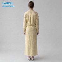Ensemble deux pièces personnalisé en coton et lin avec bordure perlée pour femme, chemise boutonnée et jupe assortie, fabricant certifié BSCI