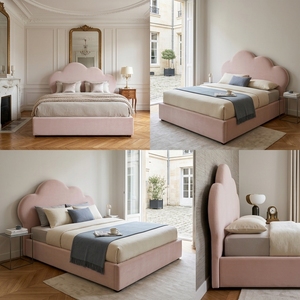 Lit rembourré en velours moderne en forme de nuage - Lit plateforme élégant avec tête de lit festonnée rose pour filles et adultes - Product Image 2