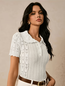 Pulls en maille ajouré<span class=keywords><strong>e</strong></span> pour femmes, collection été 2026, manches courtes, respirant, boutonné, élégant, ajouré, blanc ivoire, décontracté pour le quotidien - Product Image 5