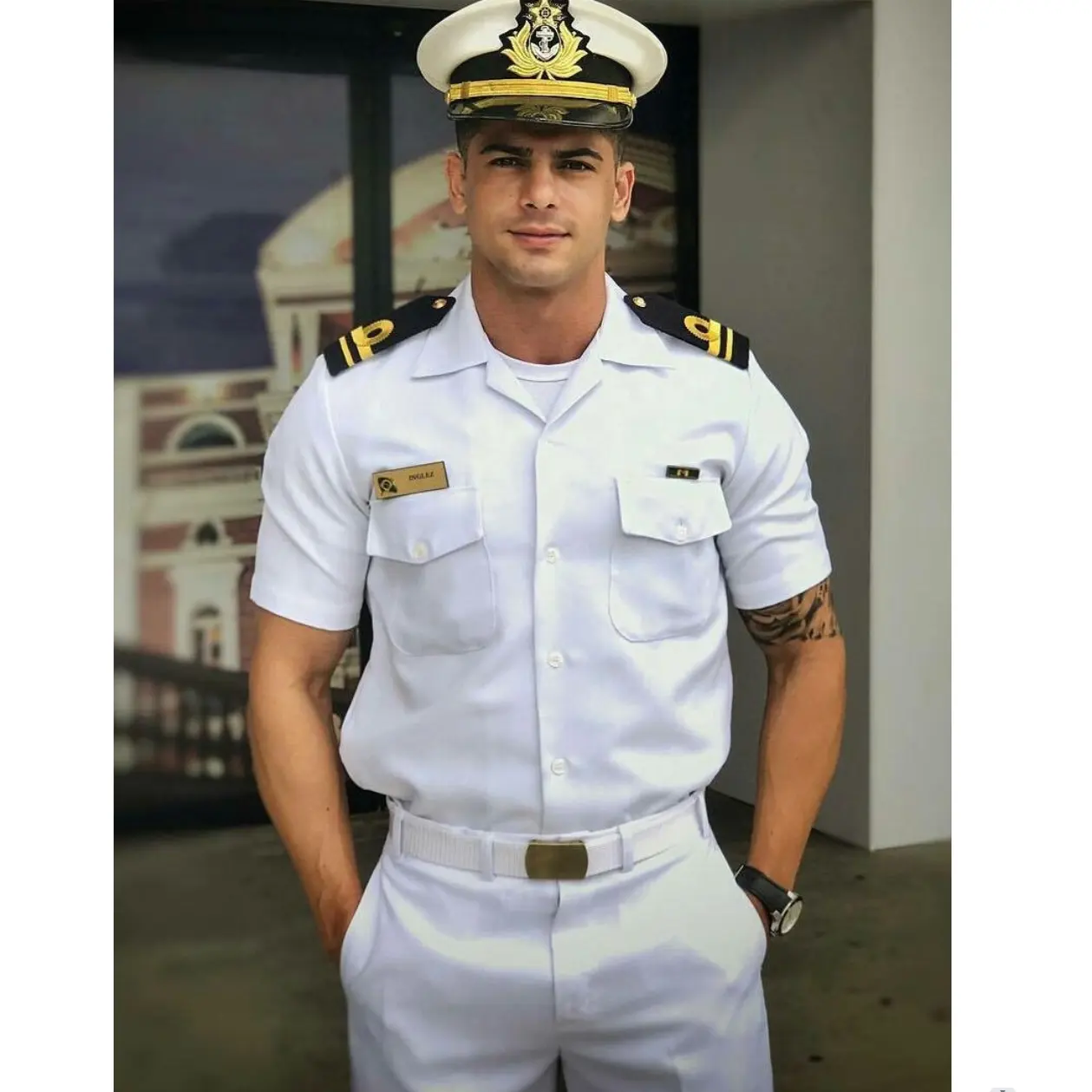 Camisa blanca y pantalón Traje de piloto de línea aérea Personalizado para hombre Uniformes DE LA Marina de EE. UU. Academia Naval Manga corta Bordado de verano para hombres